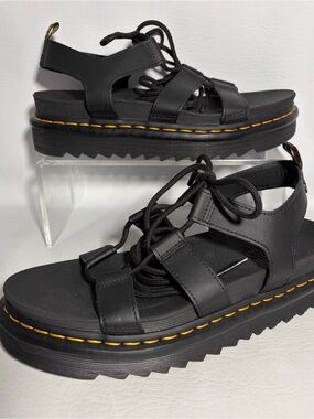 Dr. Martens Nartilla Platform Sandals Black Leather Gladiator Lace-Up Sz 42